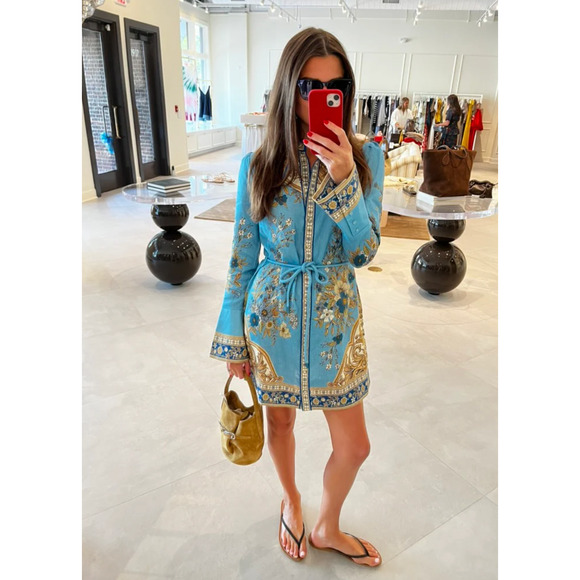 Alemais Cassie belted printed linen mini dress US 8 - Picture 2 of 6